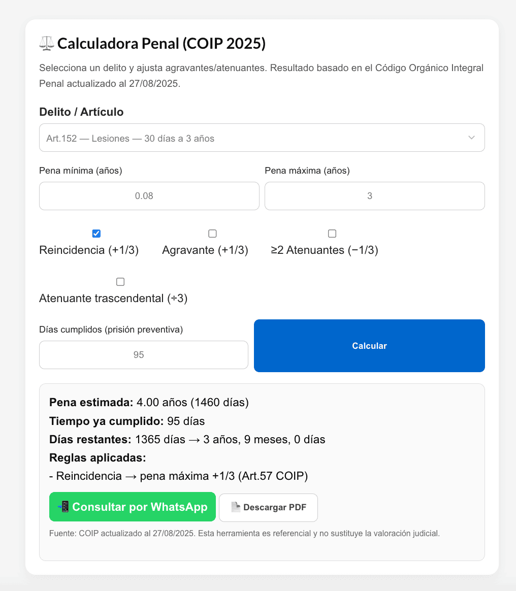 Calculadora de delitos del Código Orgánico Integral Penal 2025