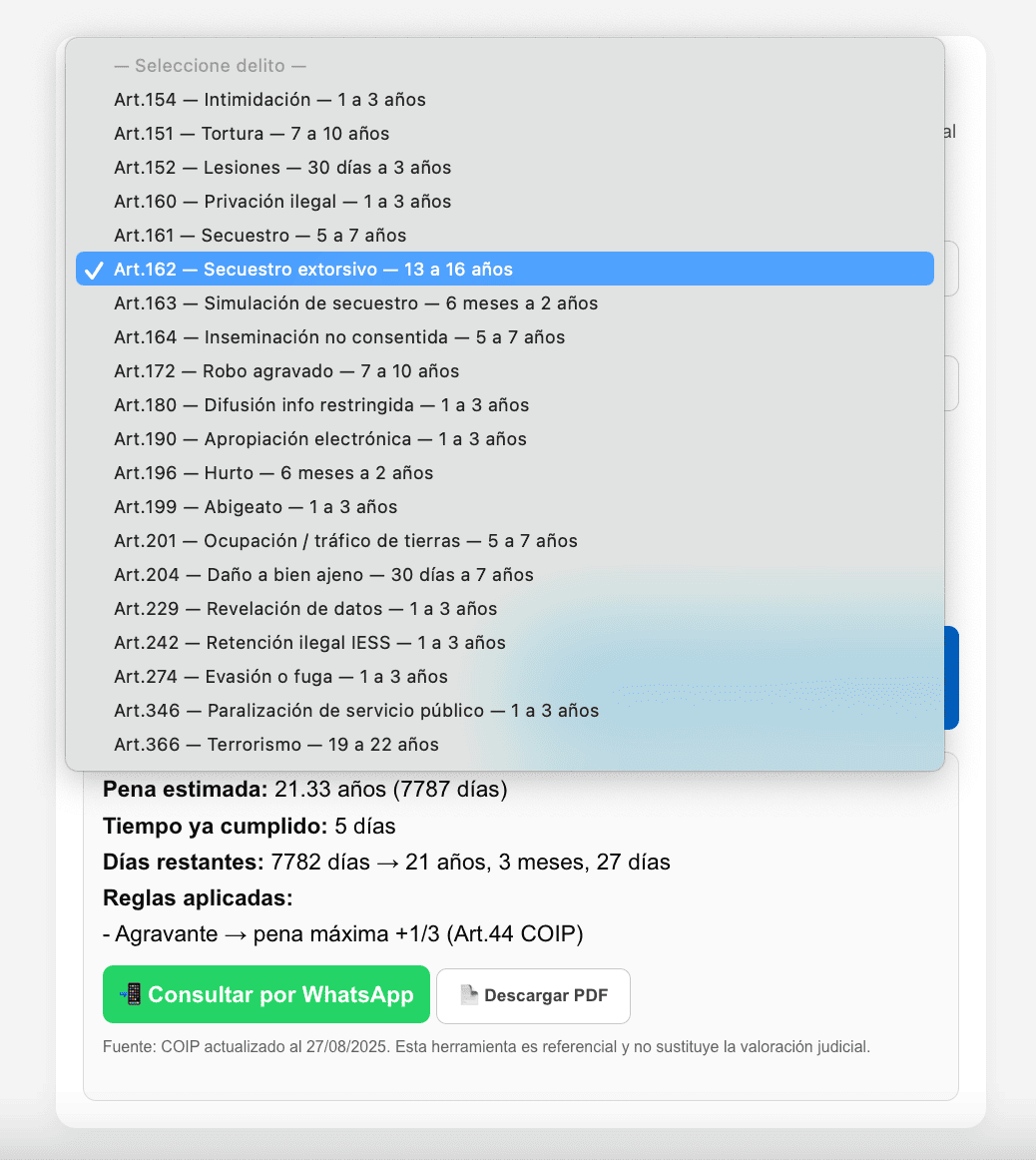 Calculadora de delitos del Código Orgánico Integral Penal, COIP 2025
